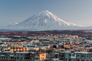 Petropavlovsk-Kamchatsky skyline and volcano