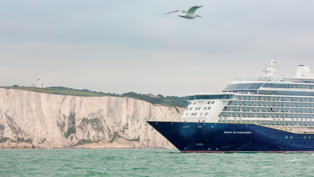 Saga's Spirit of Discovery leaving Dover on a no-fly cruise from the UK